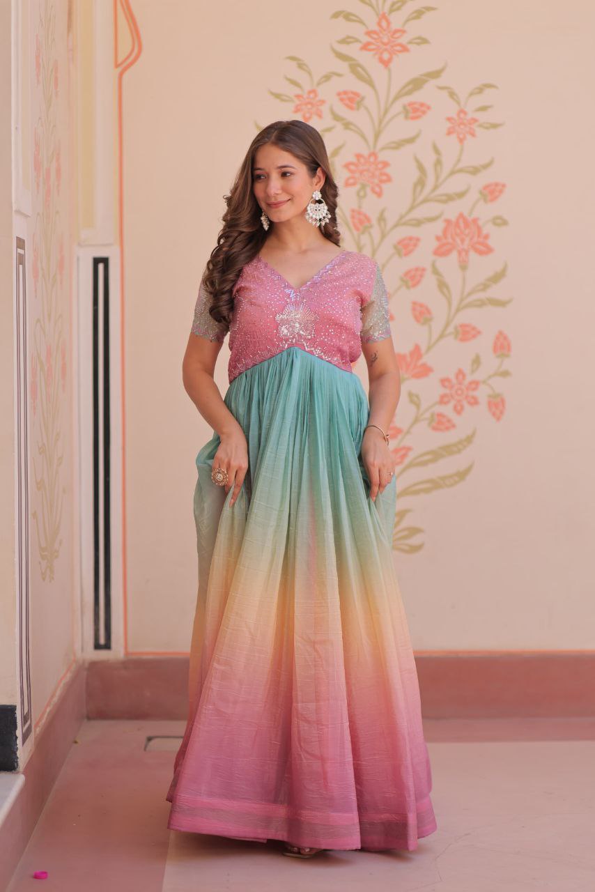 Gold Crush Designer Gown | Beads Embroidery | V Neck | Fully Stitched
