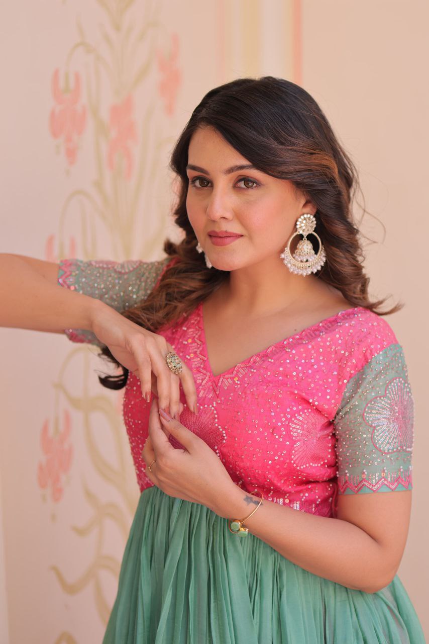 Gold Crush Designer Gown | Beads Embroidery | V Neck | Fully Stitched