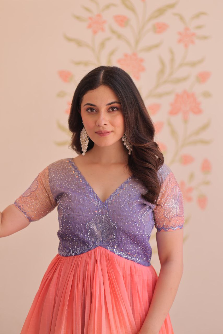 Gold Crush Designer Gown | Beads Embroidery | V Neck | Fully Stitched