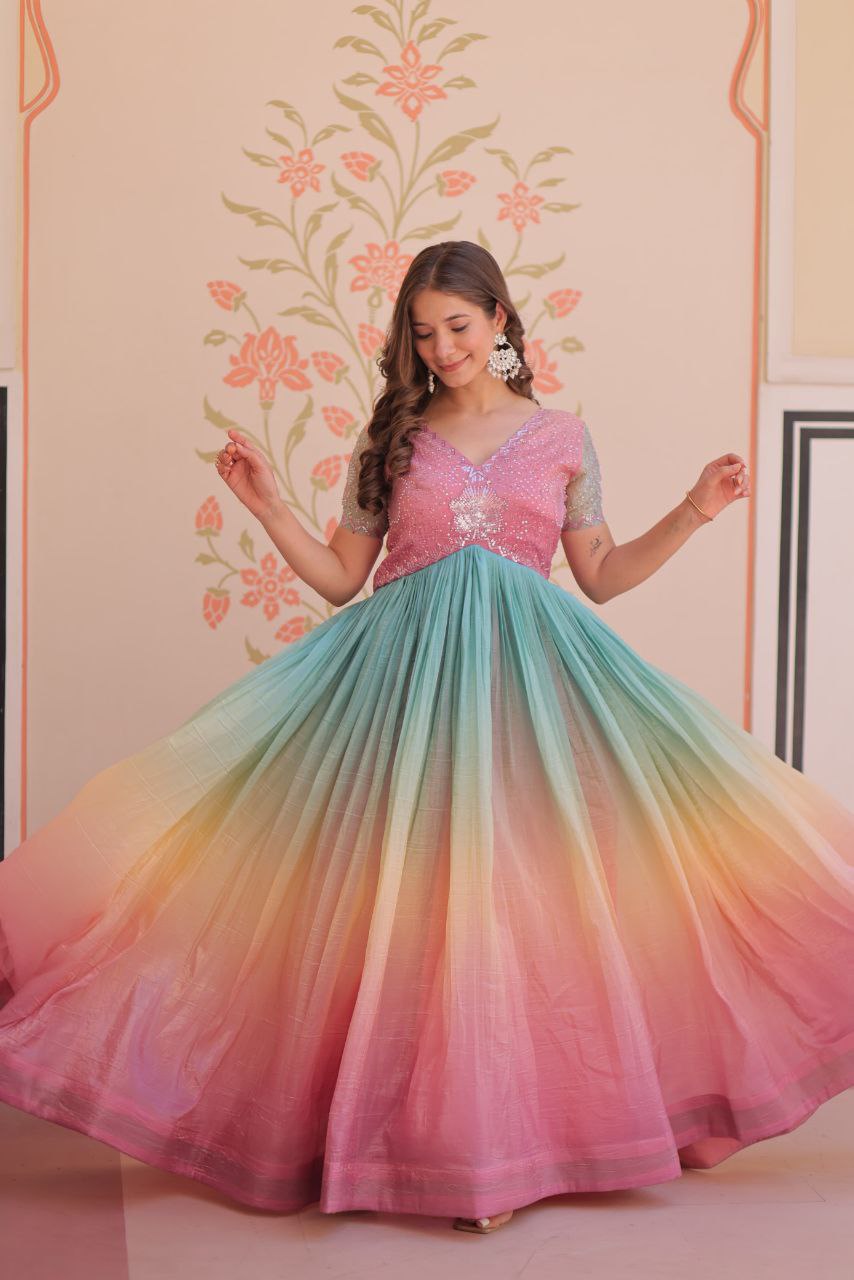 Gold Crush Designer Gown | Beads Embroidery | V Neck | Fully Stitched