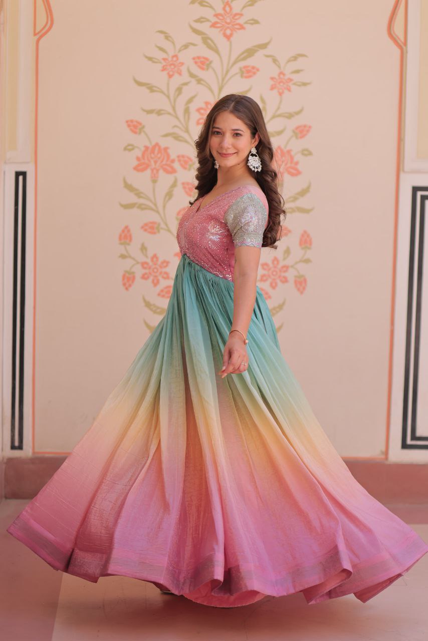 Gold Crush Designer Gown | Beads Embroidery | V Neck | Fully Stitched