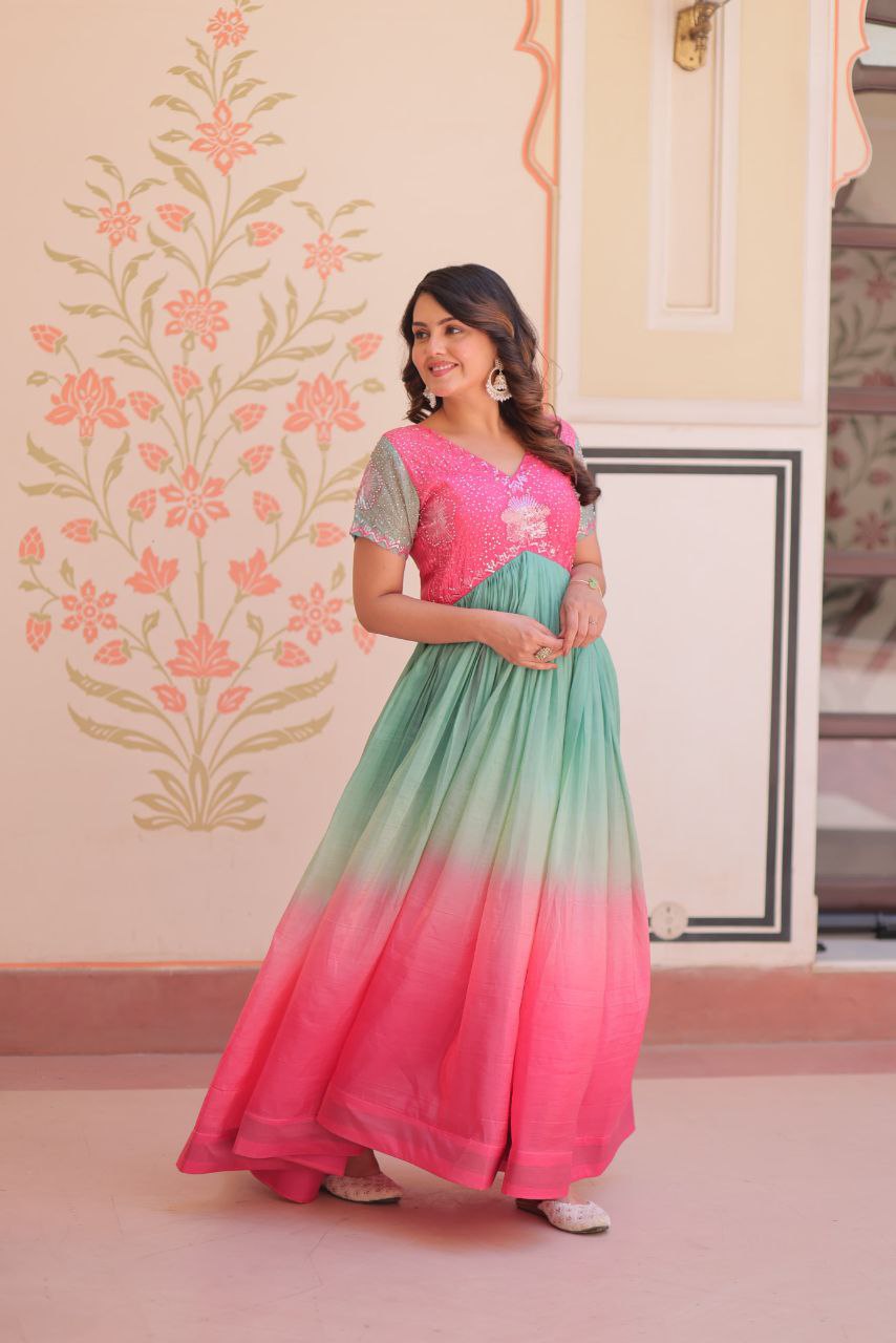 Gold Crush Designer Gown | Beads Embroidery | V Neck | Fully Stitched