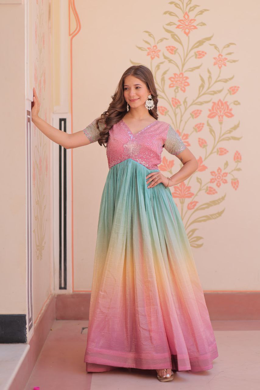 Gold Crush Designer Gown | Beads Embroidery | V Neck | Fully Stitched
