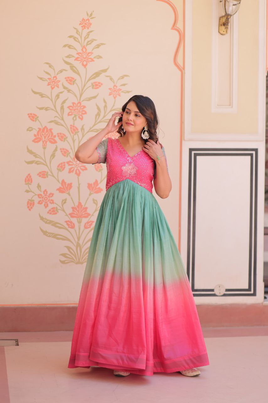 Gold Crush Designer Gown | Beads Embroidery | V Neck | Fully Stitched
