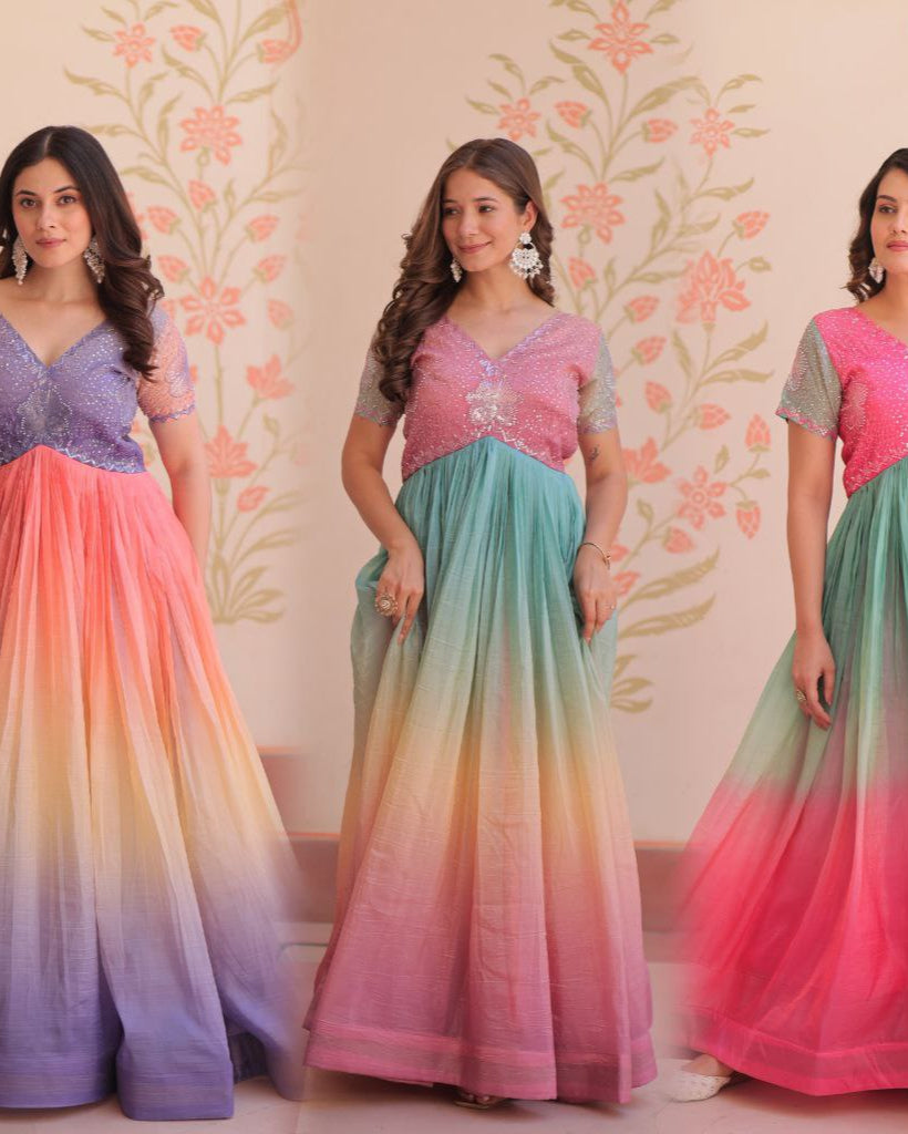 Gold Crush Designer Gown | Beads Embroidery | V Neck | Fully Stitched