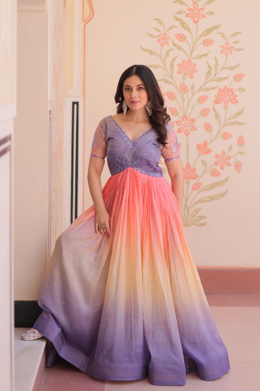 Gold Crush Designer Gown | Beads Embroidery | V Neck | Fully Stitched
