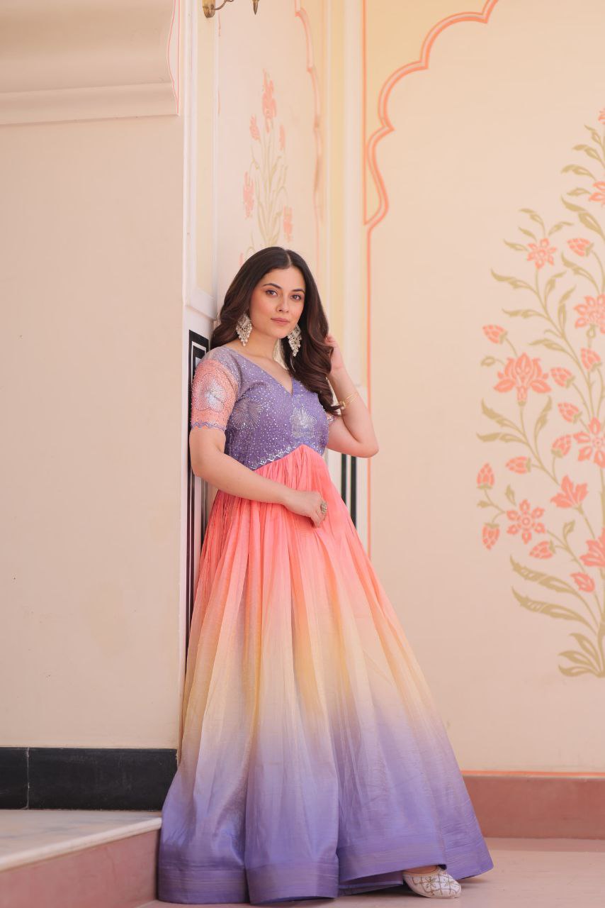 Gold Crush Designer Gown | Beads Embroidery | V Neck | Fully Stitched