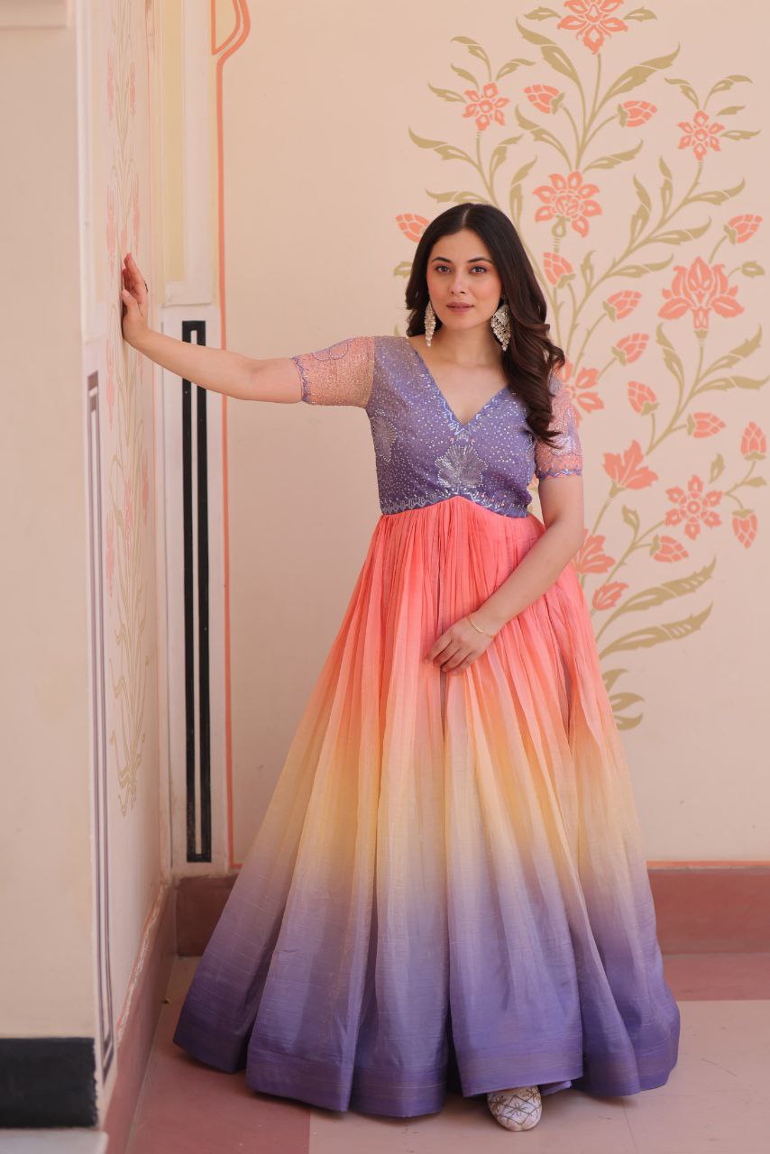 Gold Crush Designer Gown | Beads Embroidery | V Neck | Fully Stitched