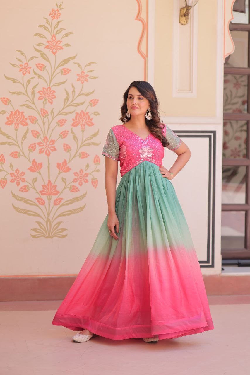 Gold Crush Designer Gown | Beads Embroidery | V Neck | Fully Stitched