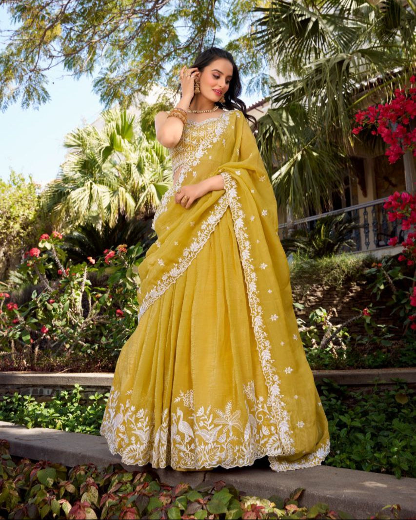 Golden Embroidered Gold Crush Lehenga Choli with Sequins & Lace Dupatta