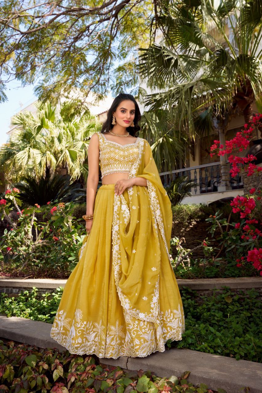 Golden Embroidered Gold Crush Lehenga Choli with Sequins & Lace Dupatta
