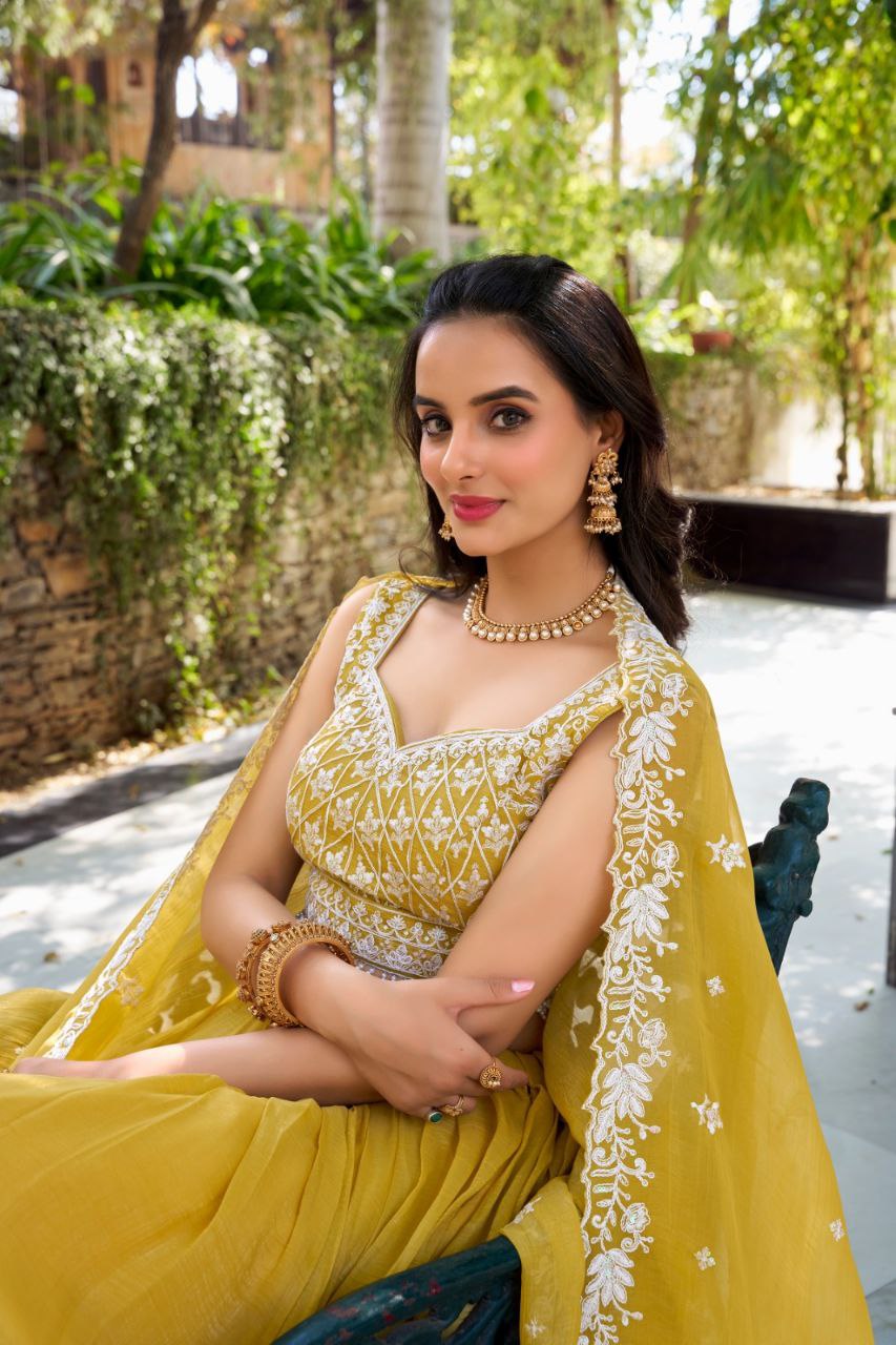 Golden Embroidered Gold Crush Lehenga Choli with Sequins & Lace Dupatta