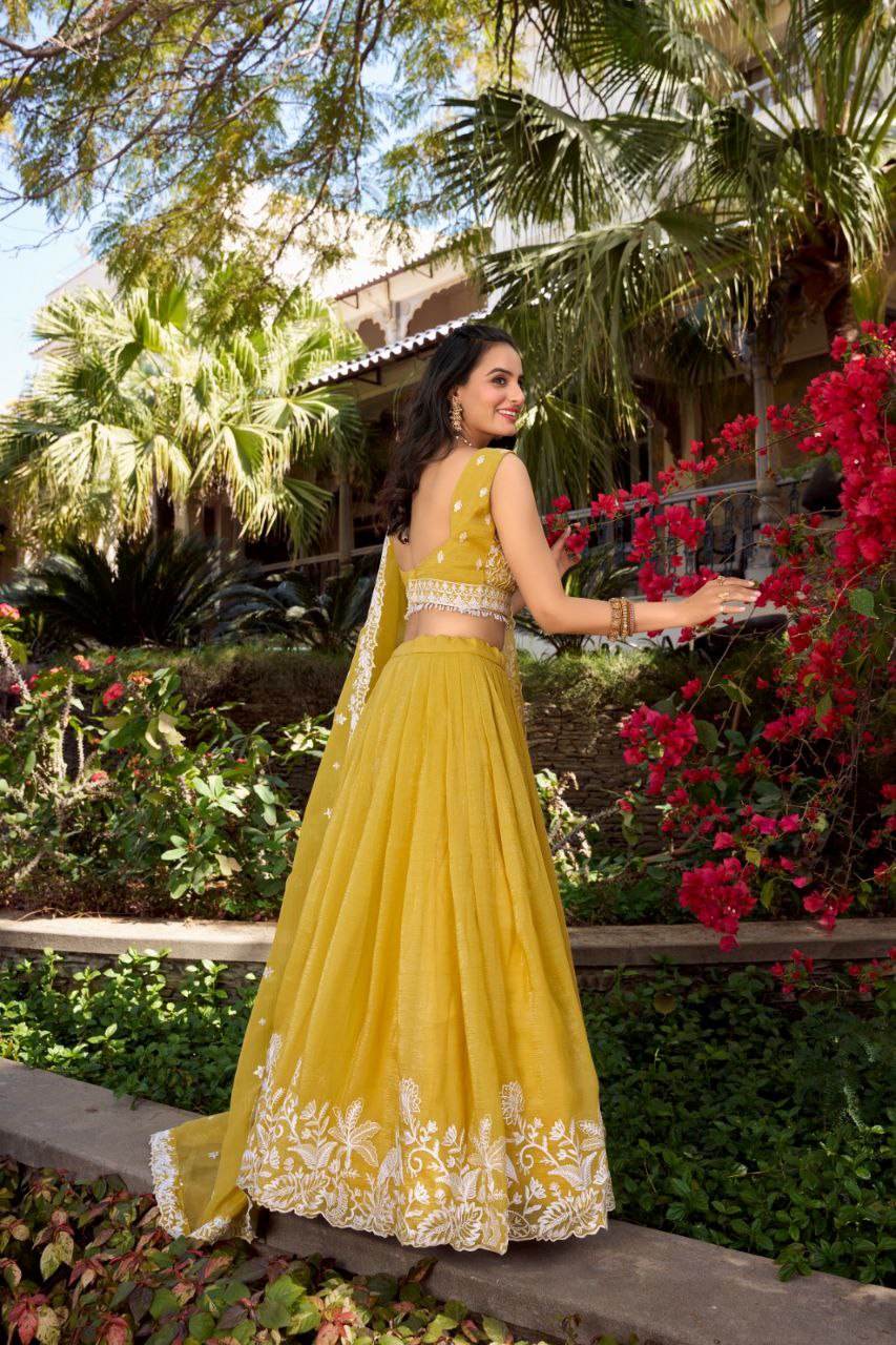 Golden Embroidered Gold Crush Lehenga Choli with Sequins & Lace Dupatta