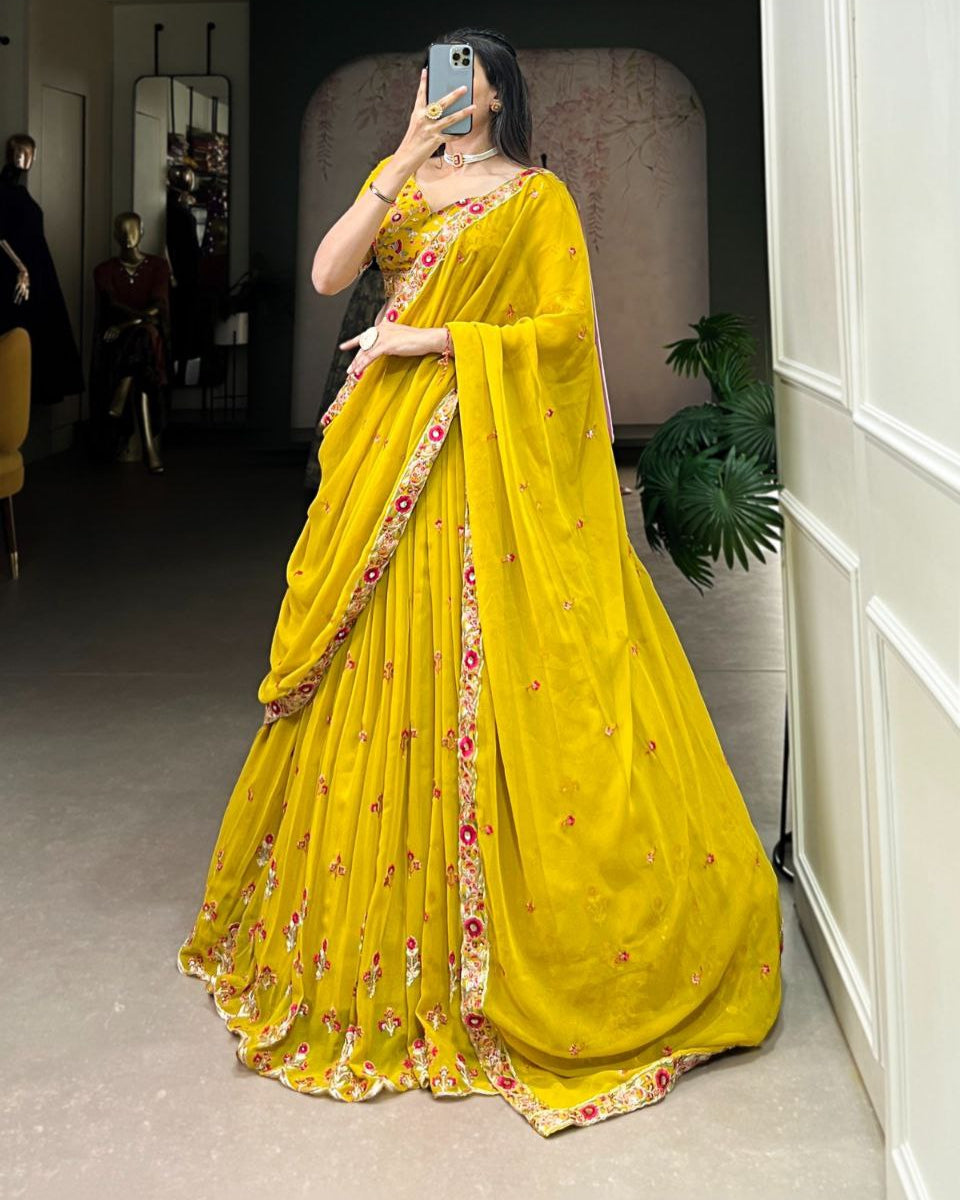 Haldi Special Georgette Lehenga Choli – Sequins & Thread Embroidery Work