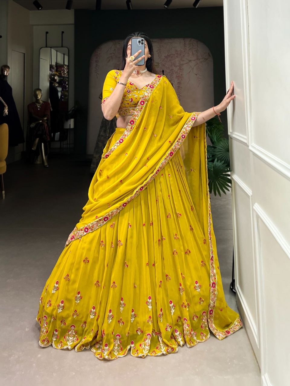 Haldi Special Georgette Lehenga Choli – Sequins & Thread Embroidery Work