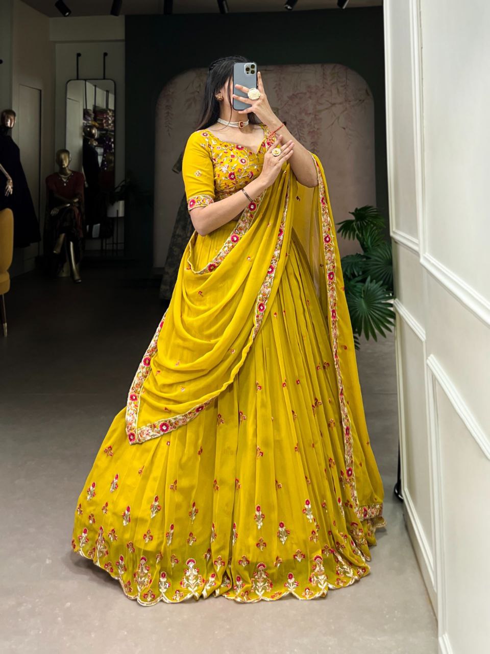 Haldi Special Georgette Lehenga Choli – Sequins & Thread Embroidery Work