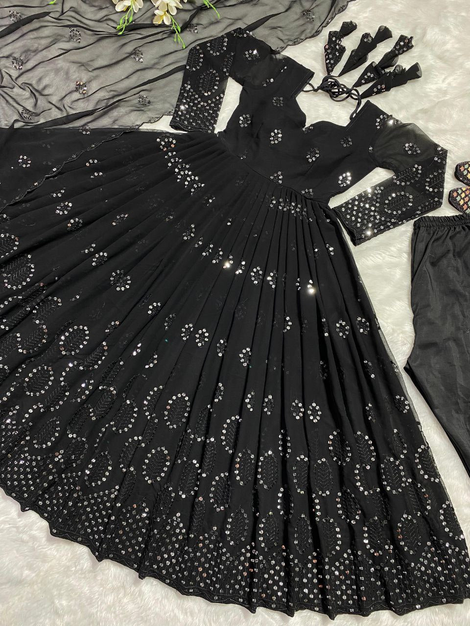 Heavy Faux Georgette Anarkali Gown Suit with Dupatta & Pant | 9mm Sequin Embroidery