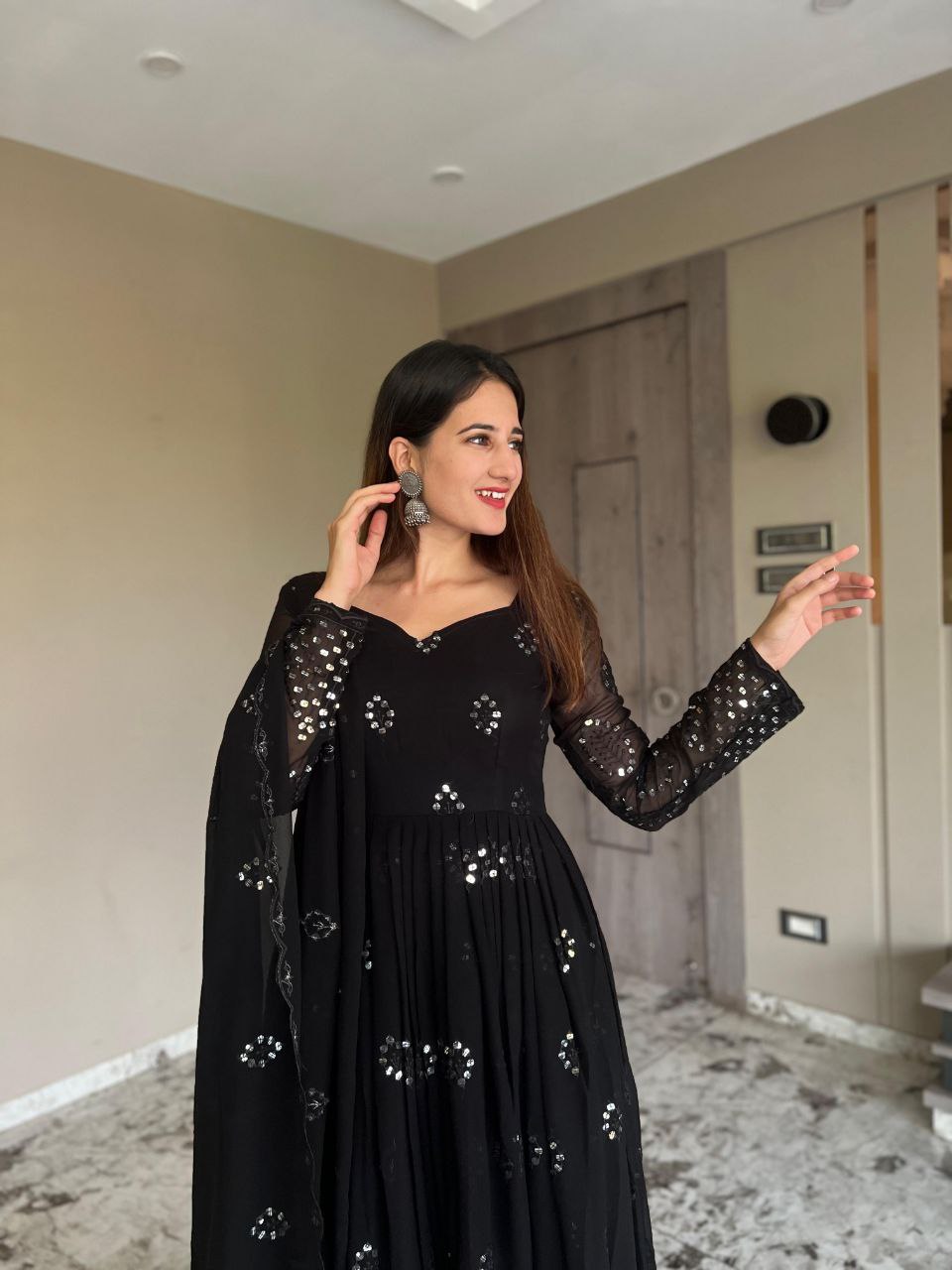Heavy Faux Georgette Anarkali Gown Suit with Dupatta & Pant | 9mm Sequin Embroidery