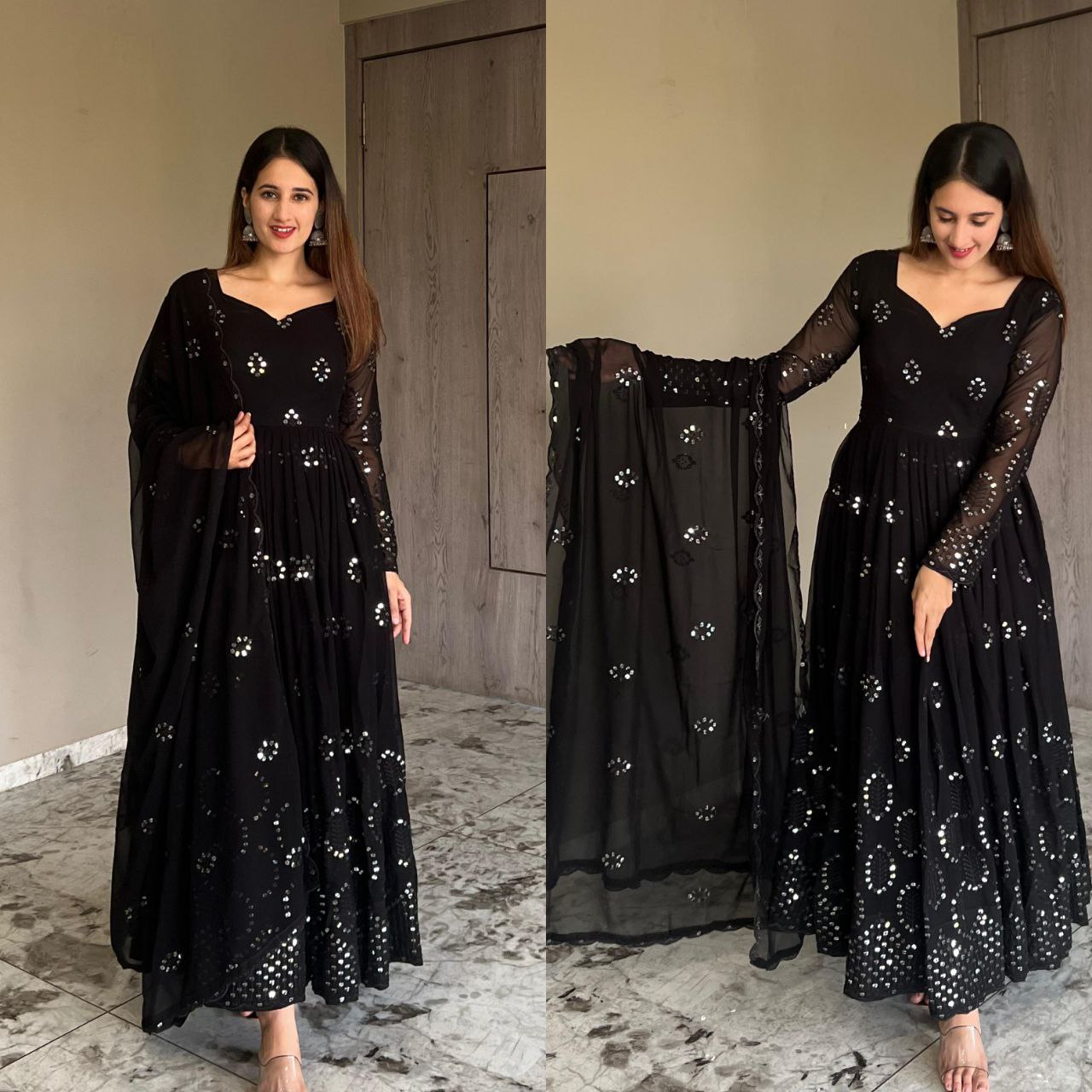 Heavy Faux Georgette Anarkali Gown Suit with Dupatta & Pant | 9mm Sequin Embroidery