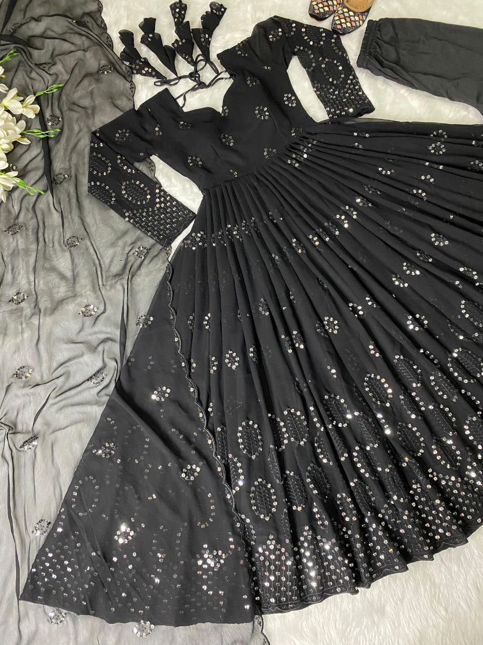 Heavy Faux Georgette Anarkali Gown Suit with Dupatta & Pant | 9mm Sequin Embroidery