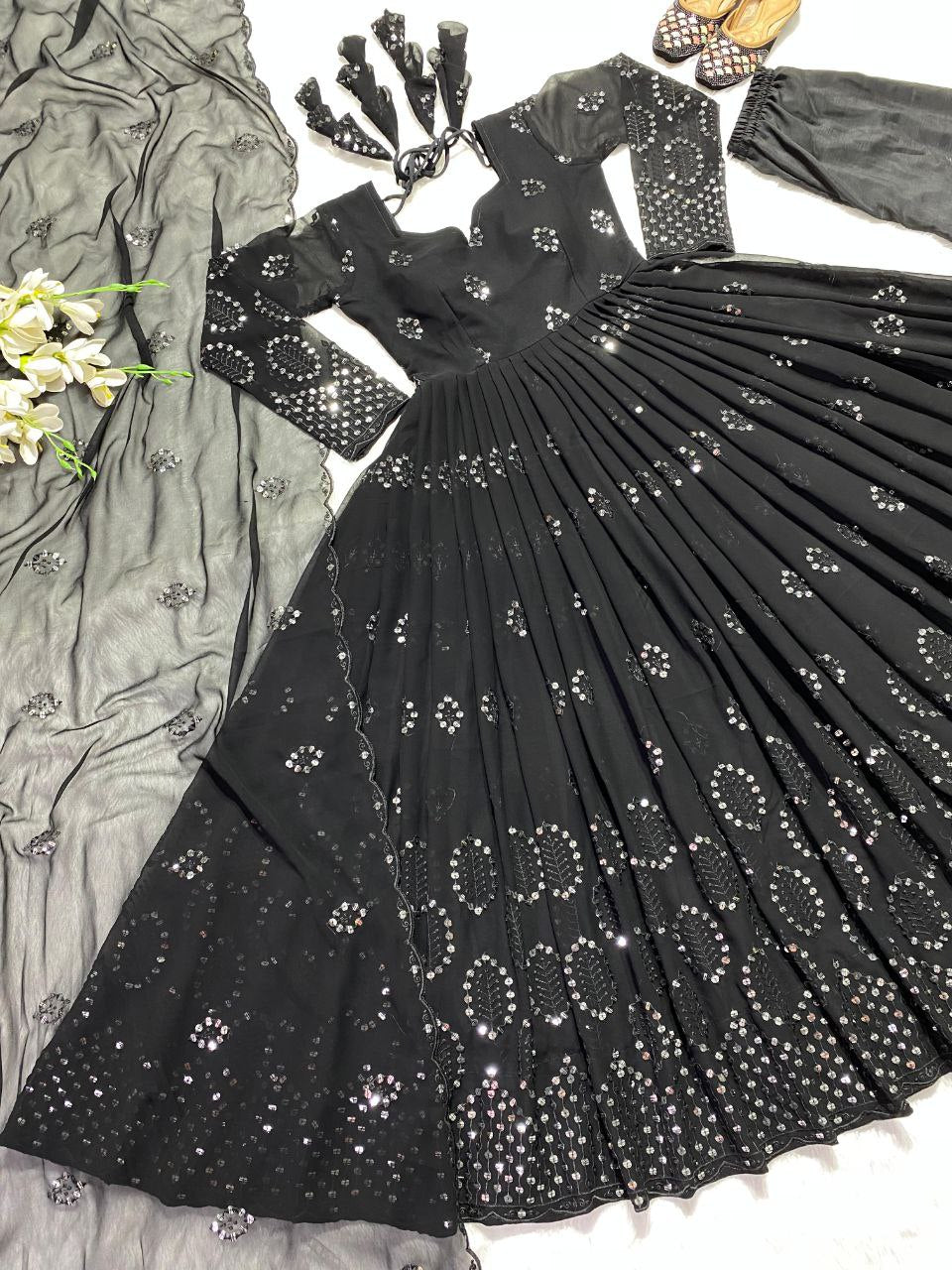 Heavy Faux Georgette Anarkali Gown Suit with Dupatta & Pant | 9mm Sequin Embroidery
