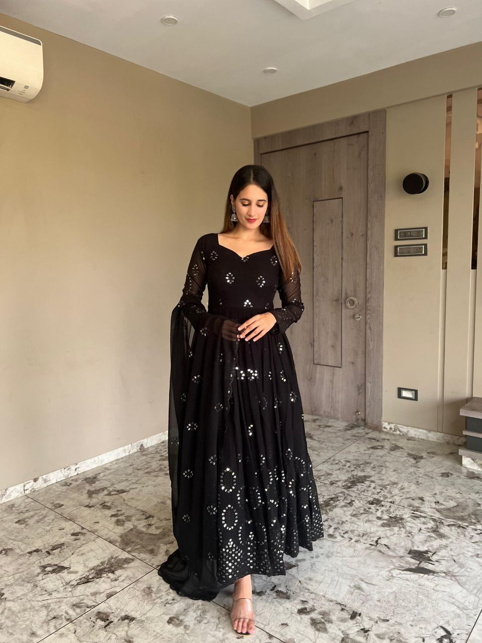 Heavy Faux Georgette Anarkali Gown Suit with Dupatta & Pant | 9mm Sequin Embroidery
