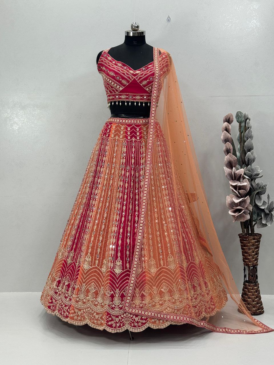 Heavy Faux Georgette Bridal Lehenga Choli Set with Real Mirror For Any Special Occasion