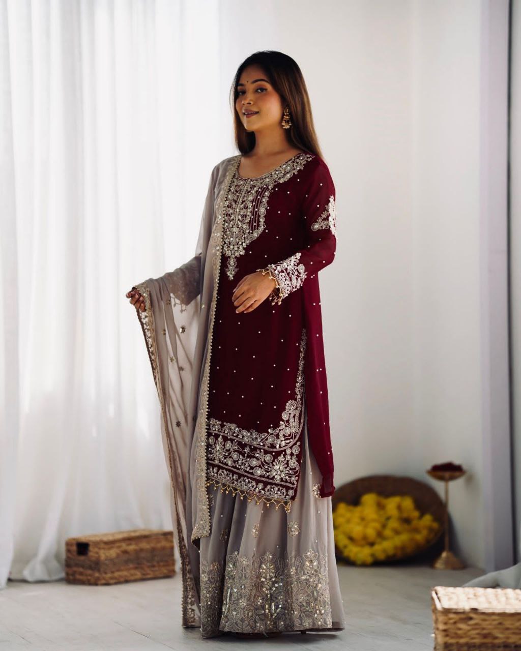 Heavy Faux Georgette Embroidered Palazzo Suit Set for Women | Dori & Sequence Work | Full Stitched with Dupatta