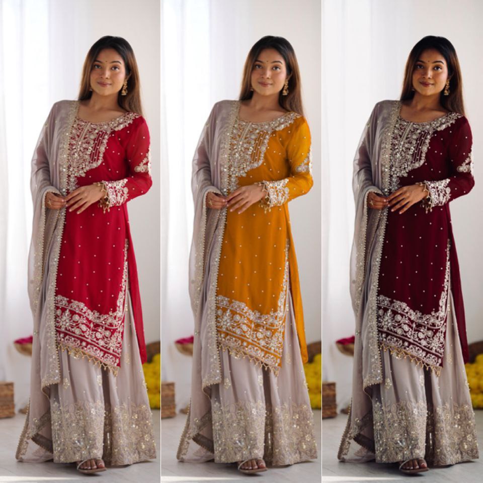 Heavy Faux Georgette Embroidered Palazzo Suit Set for Women | Dori & Sequence Work | Full Stitched with Dupatta