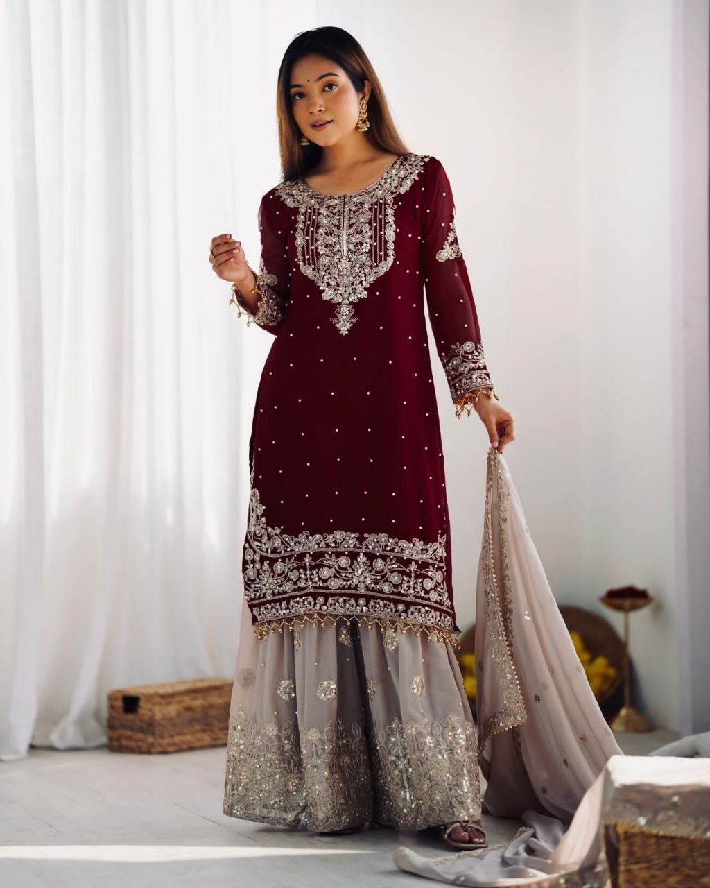 Heavy Faux Georgette Embroidered Palazzo Suit Set for Women | Dori & Sequence Work | Full Stitched with Dupatta