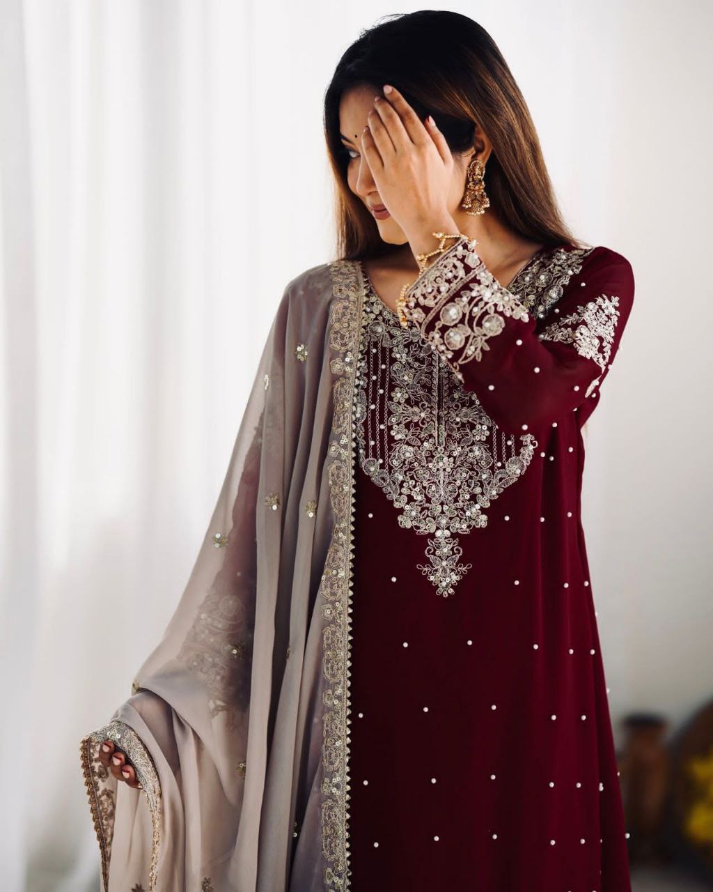 Heavy Faux Georgette Embroidered Palazzo Suit Set for Women | Dori & Sequence Work | Full Stitched with Dupatta