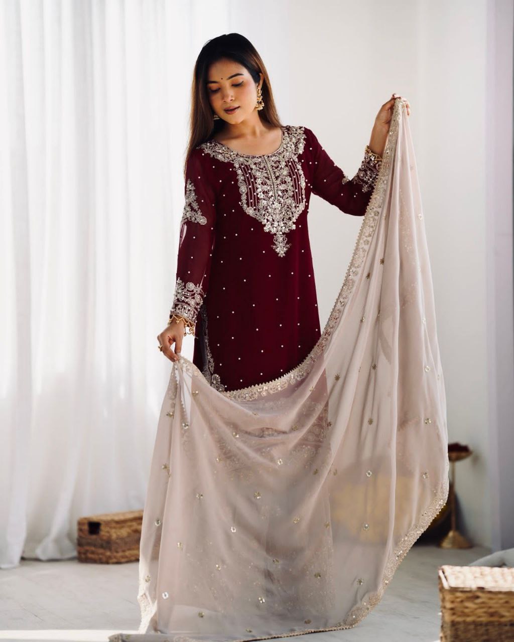 Heavy Faux Georgette Embroidered Palazzo Suit Set for Women | Dori & Sequence Work | Full Stitched with Dupatta