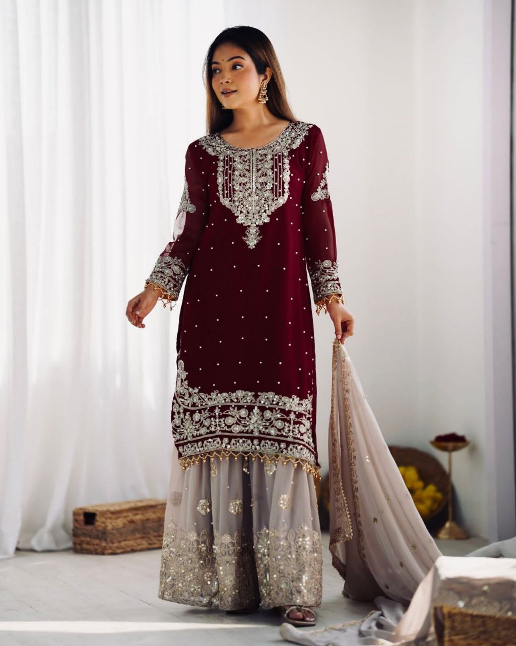 Heavy Faux Georgette Embroidered Palazzo Suit Set for Women | Dori & Sequence Work | Full Stitched with Dupatta