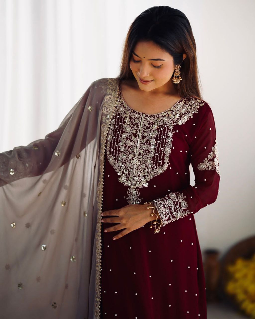 Heavy Faux Georgette Embroidered Palazzo Suit Set for Women | Dori & Sequence Work | Full Stitched with Dupatta