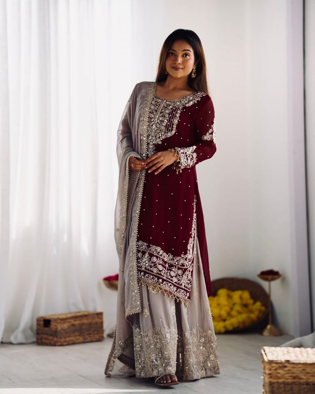 Heavy Faux Georgette Embroidered Palazzo Suit Set for Women | Dori & Sequence Work | Full Stitched with Dupatta
