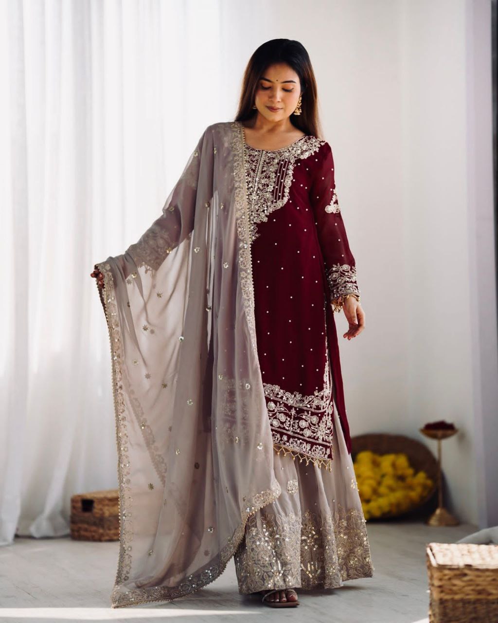 Heavy Faux Georgette Embroidered Palazzo Suit Set for Women | Dori & Sequence Work | Full Stitched with Dupatta