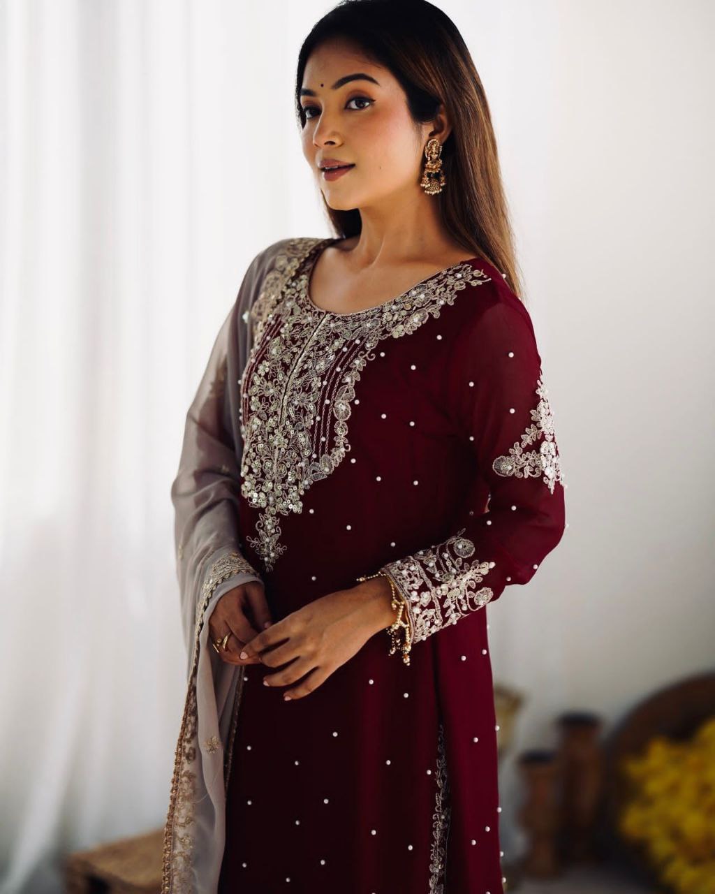 Heavy Faux Georgette Embroidered Palazzo Suit Set for Women | Dori & Sequence Work | Full Stitched with Dupatta