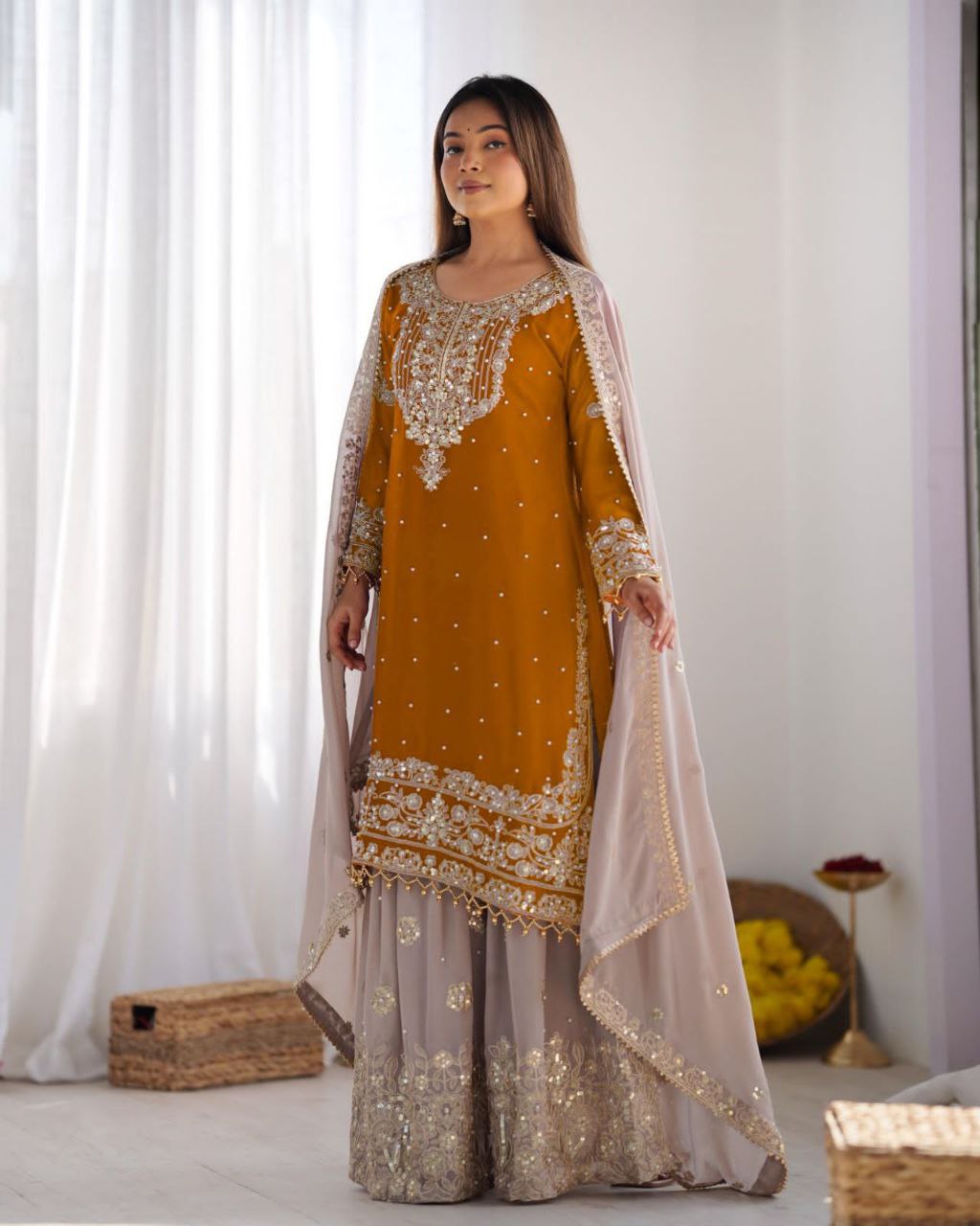 Heavy Faux Georgette Embroidered Plazzo Suit Set with Dupatta | Coding Dori & Sequence Work