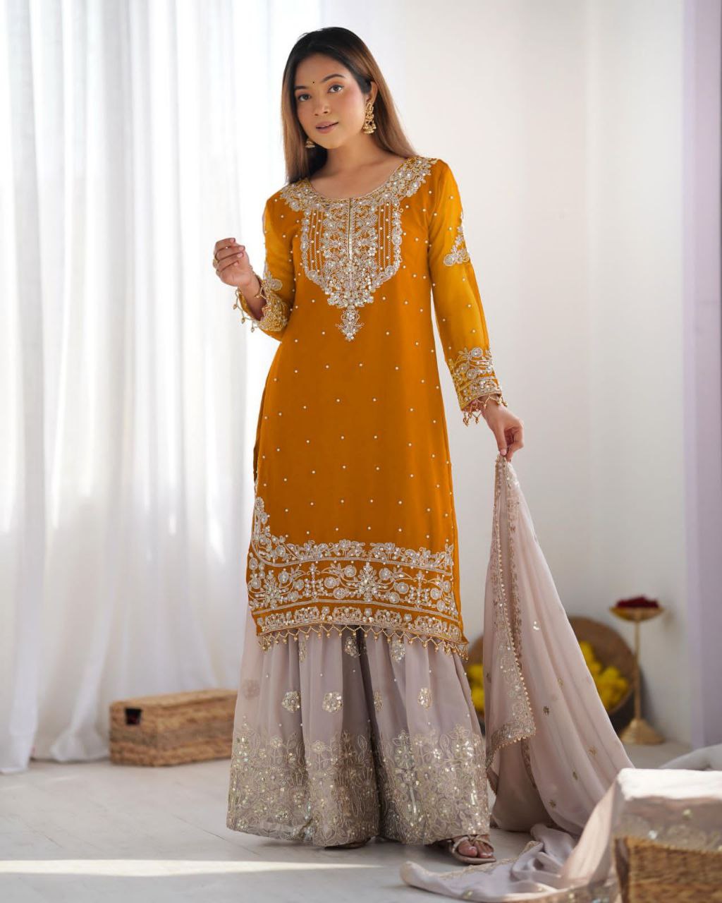 Heavy Faux Georgette Embroidered Plazzo Suit Set with Dupatta | Coding Dori & Sequence Work