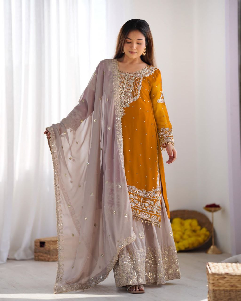 Heavy Faux Georgette Embroidered Plazzo Suit Set with Dupatta | Coding Dori & Sequence Work