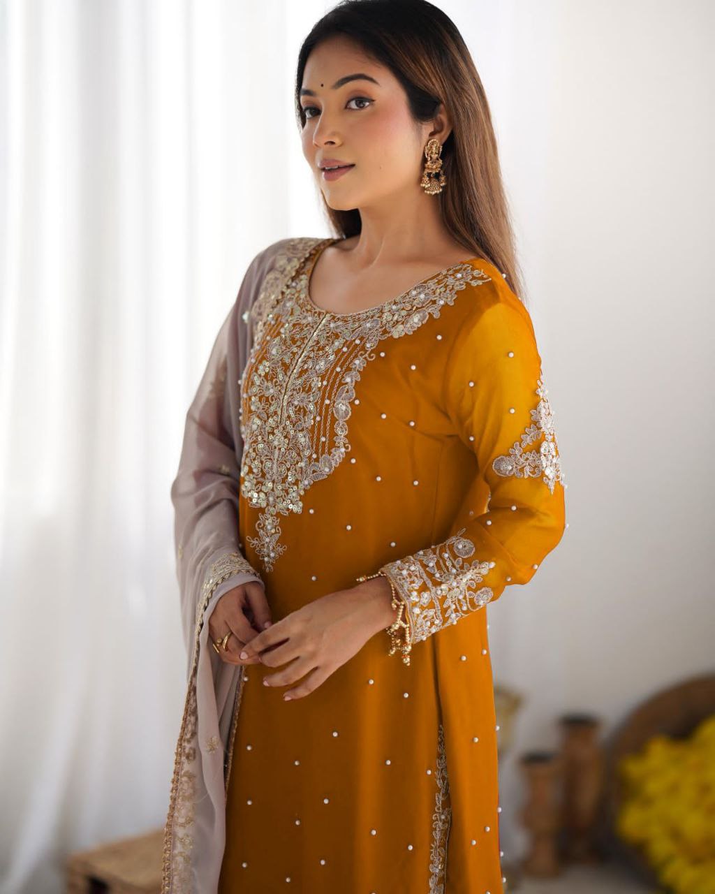 Heavy Faux Georgette Embroidered Plazzo Suit Set with Dupatta | Coding Dori & Sequence Work