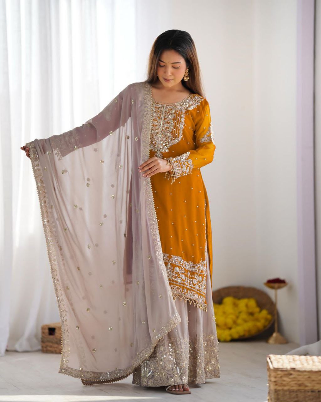 Heavy Faux Georgette Embroidered Plazzo Suit Set with Dupatta | Coding Dori & Sequence Work