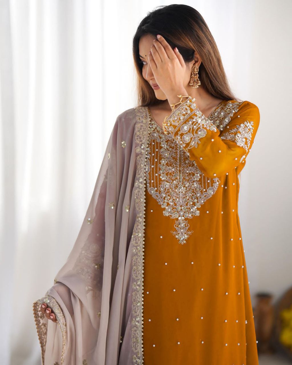 Heavy Faux Georgette Embroidered Plazzo Suit Set with Dupatta | Coding Dori & Sequence Work