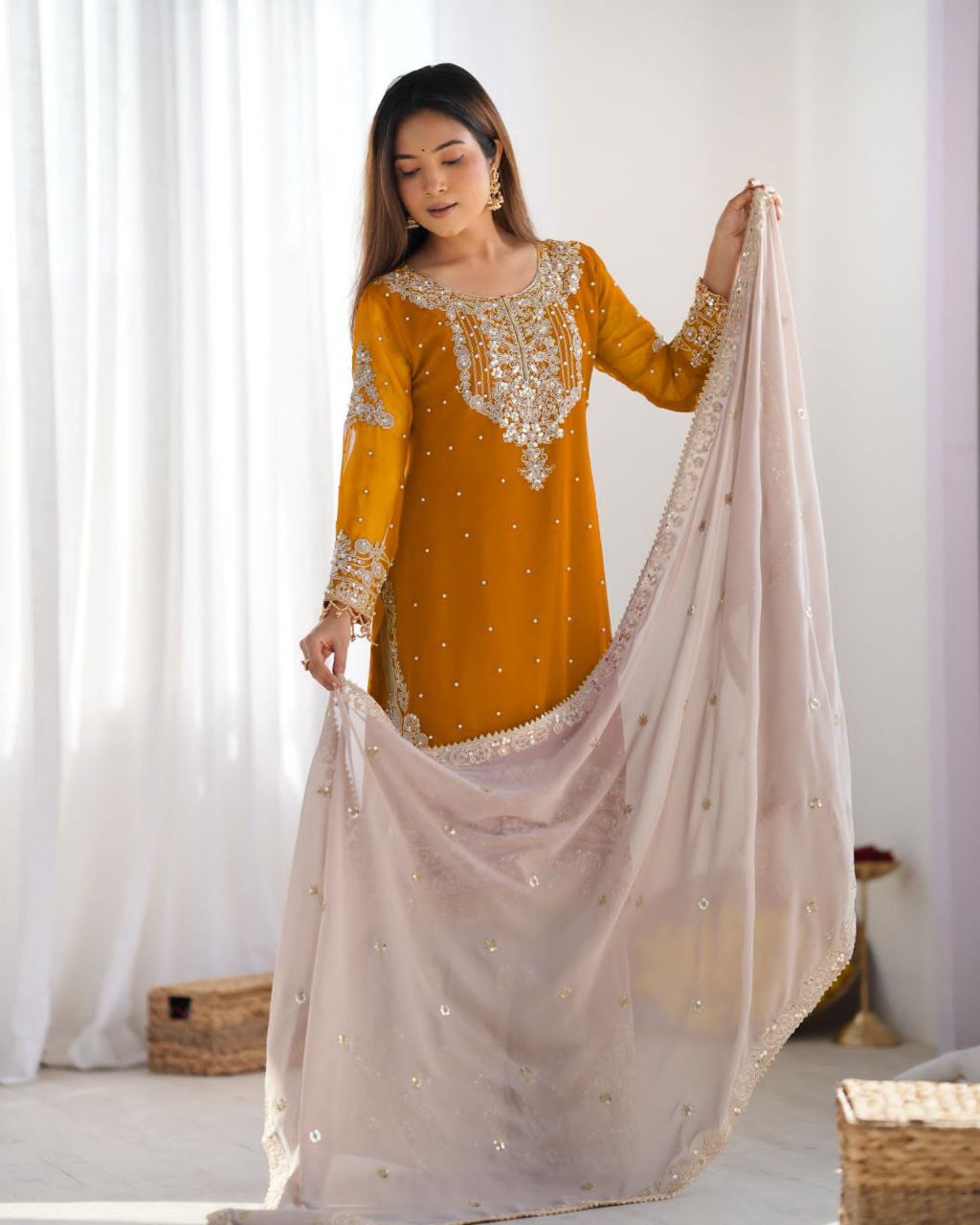 Heavy Faux Georgette Embroidered Plazzo Suit Set with Dupatta | Coding Dori & Sequence Work