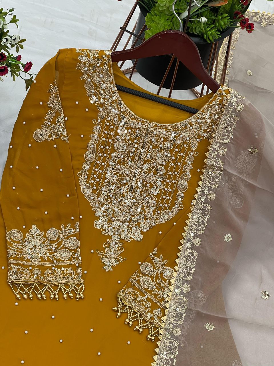 Heavy Faux Georgette Embroidered Plazzo Suit Set with Dupatta | Coding Dori & Sequence Work