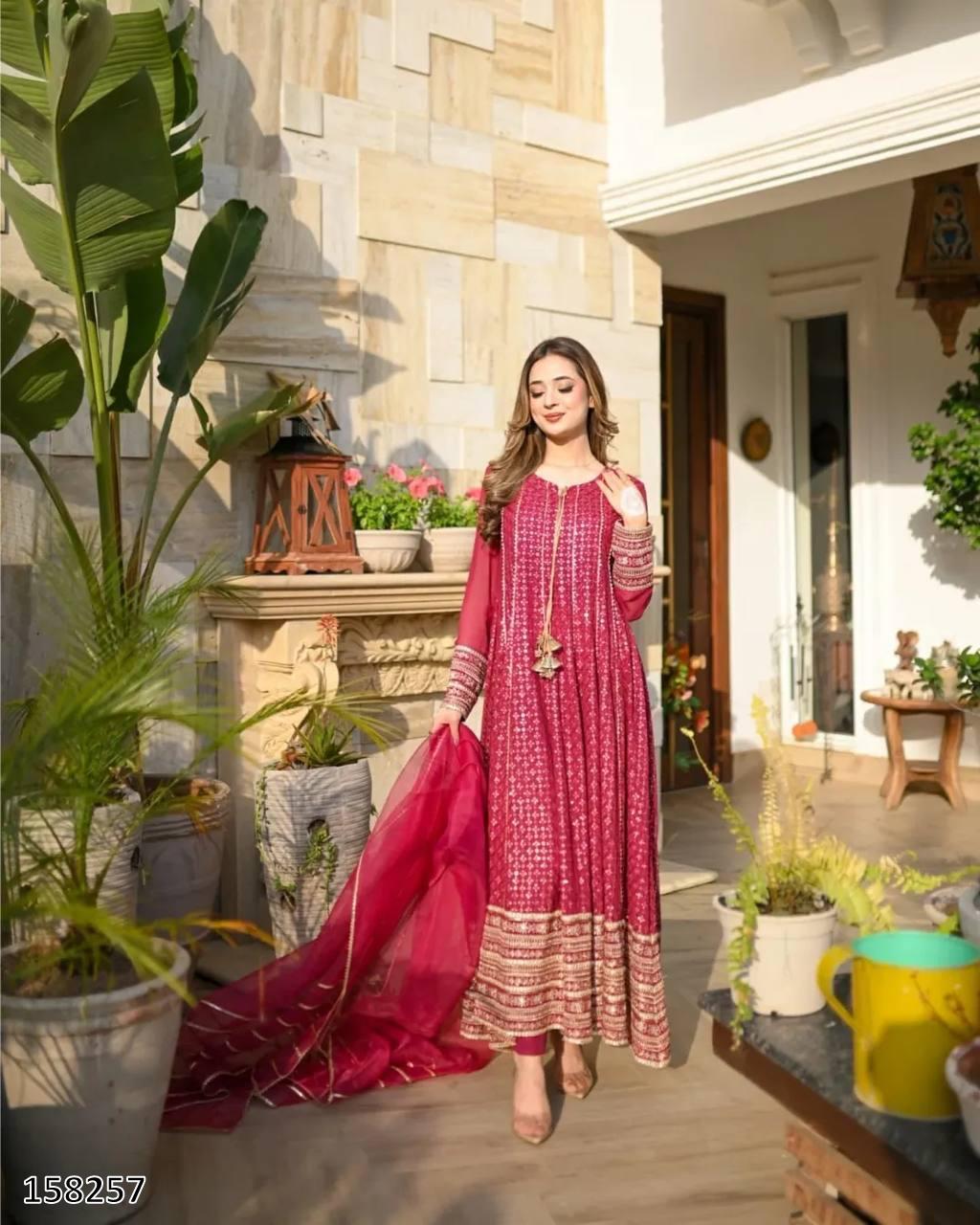 Karwa Chauth Special Dress: Heavy Fox Georgette Embroidered Gown-Pant with Dupatta