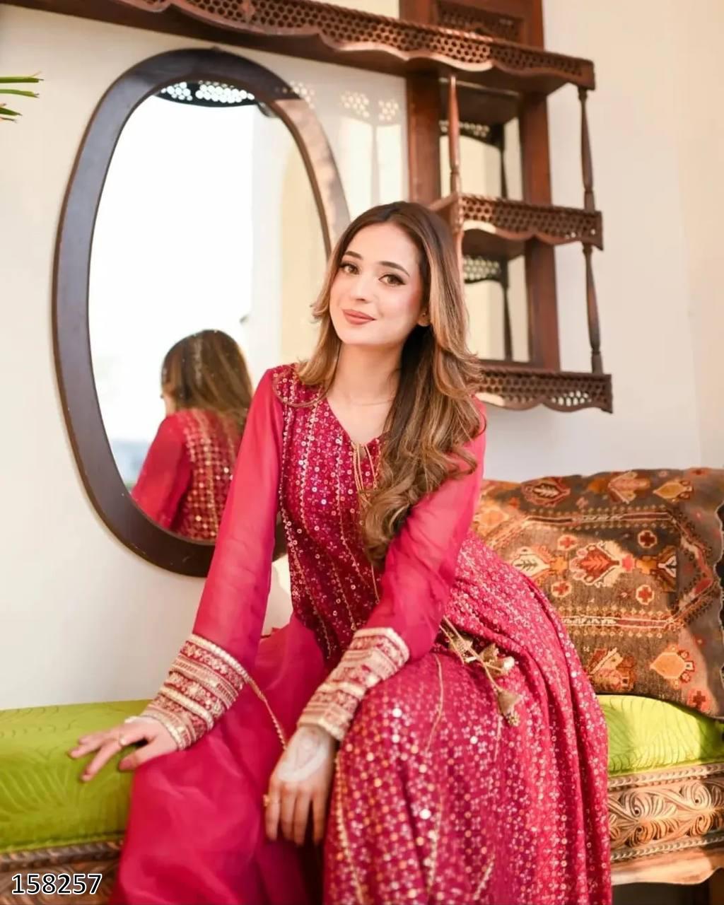 Karwa Chauth Special Dress: Heavy Fox Georgette Embroidered Gown-Pant with Dupatta
