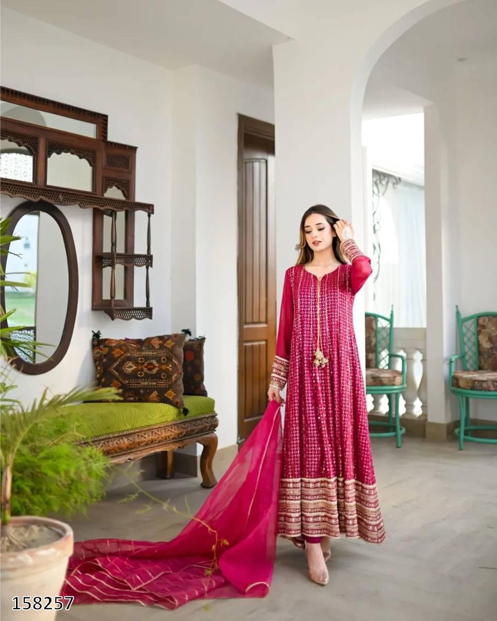 Karwa Chauth Special Dress: Heavy Fox Georgette Embroidered Gown-Pant with Dupatta