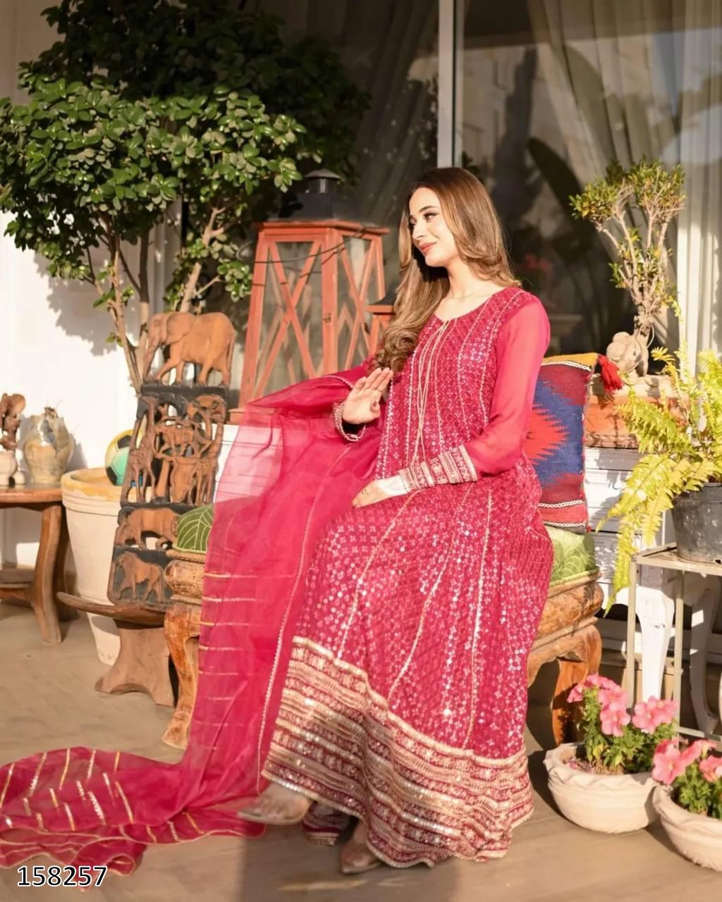 Karwa Chauth Special Dress: Heavy Fox Georgette Embroidered Gown-Pant with Dupatta