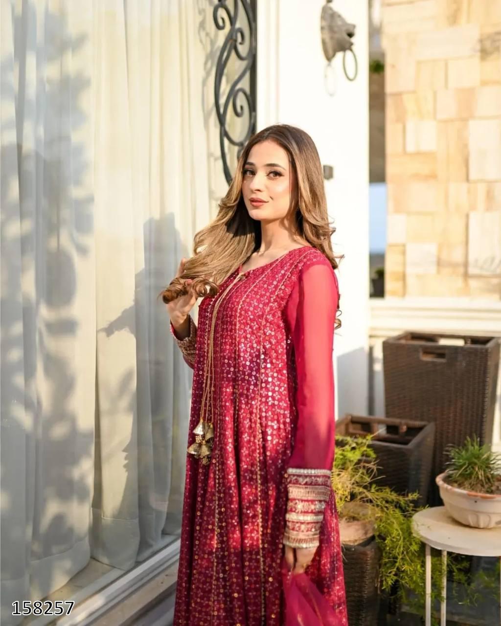 Karwa Chauth Special Dress: Heavy Fox Georgette Embroidered Gown-Pant with Dupatta